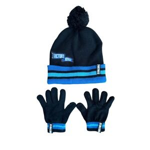Fortnite Kids Beanie Hat and Gloves Set Victory‎ Royale Blue Black One Size